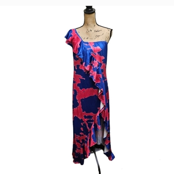 Asymmetrical Sundress Blue & Pink One Shoulder Ruffled - Picture 6 of 12
